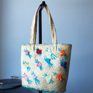 Vintage Straw Tote Woven Flowers Shopper Bag Coastal Boho Summer Beach Bag